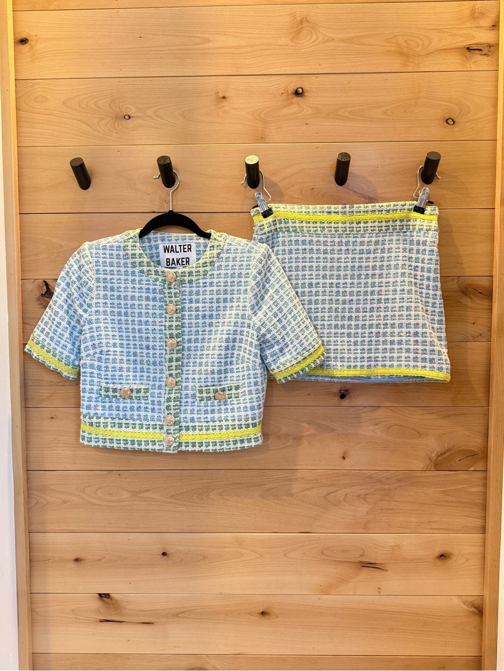 Walter Baker Light Blue, White & Yellow Tweed Mini Skirt